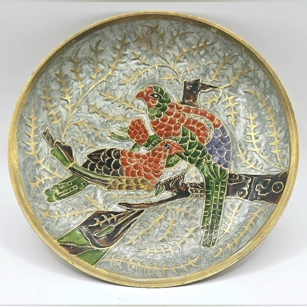 Vintage Solid Brass Enamel Bird Trinket Dish Decorative Collectible Bowl